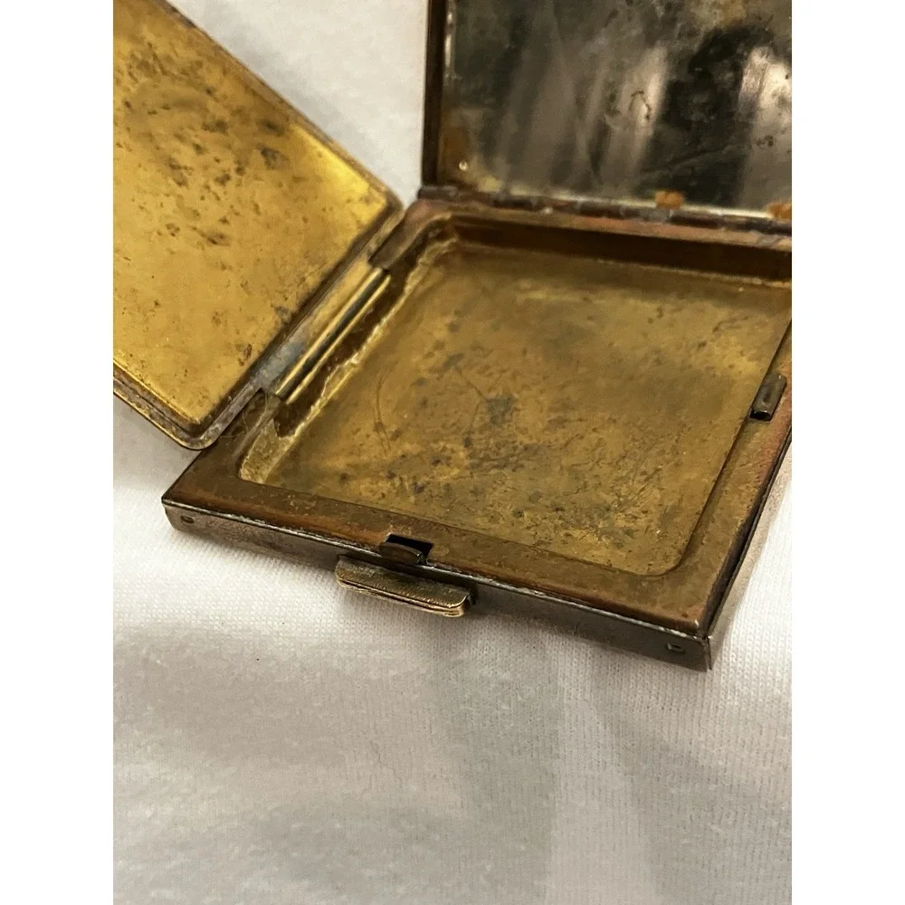 VTG Brass Art Deco Embossed Flower Pot Window Compact Purse Mirror Square